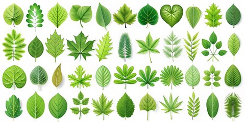 Fototapeta premium 3D Realistic Green Leaf Collection, White Background, Digital Illustration, Leaves, Nature, Botany