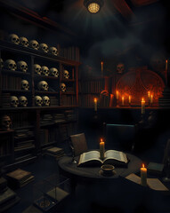 a room with a lot of candles and skulls on the table and books on the shelves and a window, Dirk Crabeth, gothic art, arcane, a still life
