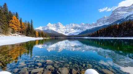 Majestic snow capped mountain peaks towering over a serene emerald green alpine lake in the stunning landscape of Banff National Park Canada