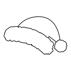 Outline Hand drawn Santa cap with fur and bubo in trendy minimalism. Stylized Christmas linear icon