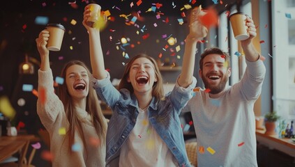 Friends Celebrating with Confetti and Coffee