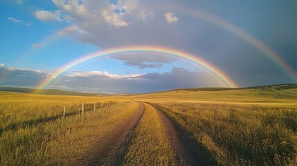 Naklejka premium Clear rainbow spanning across a calm countryside scene with scattered clouds and vibrant greenery