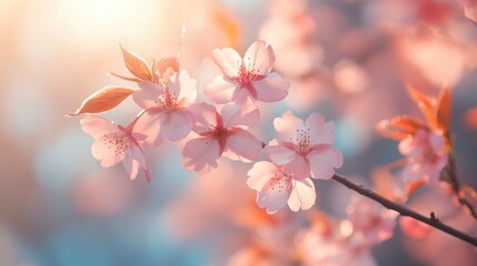 Fototapeta premium Close-up of cherry blossom branches in full bloom, with delicate pink petals glowing in the soft spring sunlight