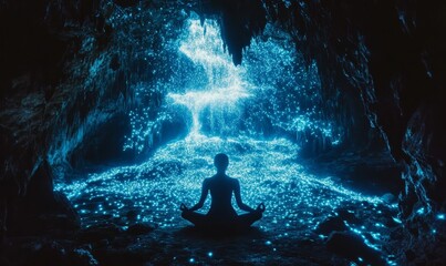 Obraz premium A person meditates in a glowing cave.