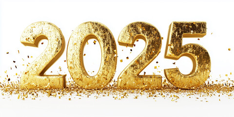 Happy New Year 2025. Sparkling glitter gold 3D numbers with golden confetti glitters flying around, isolated on white background.