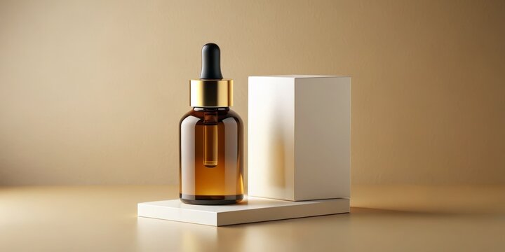 Minimalist Dropper Bottle Mockup on White Platform, Beige Background, Product Photography, Branding, Packaging, Mockup, Design