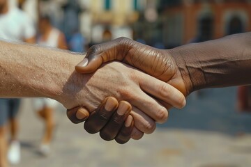 Close-up of two hands shaking, one black and one white, with a blurred background of a city street.