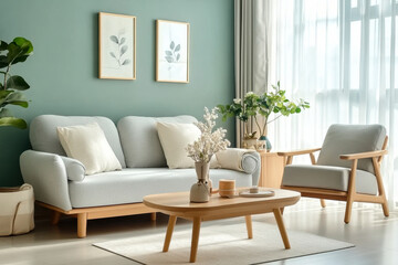 Wooden coffee table and chair. gray sofa against green wall
