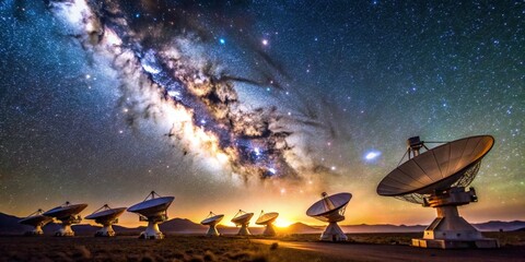 Obraz premium Radio Telescopes Under Milky Way, Satellite Dishes, Stargazing, Astronomy, Space Exploration