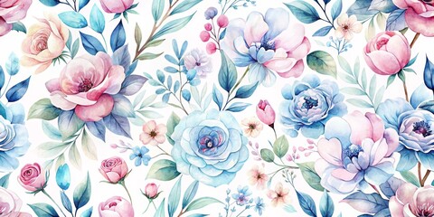 Watercolor Floral Seamless Pattern with Pink, Blue, and Green Tones, Watercolor , Seamless Pattern , Floral Background , Floral Pattern