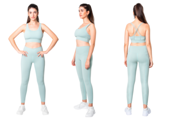 Woman png mockup in green sports bra and yoga pants