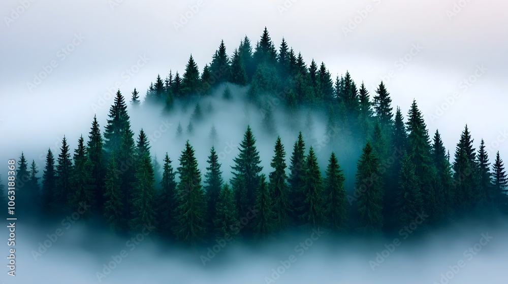 Aufkleber Enchanted misty forest in the Carpathian Mountains with tall pines and morning fog creating a serene natural and mystical atmosphere for outdoor adventure and