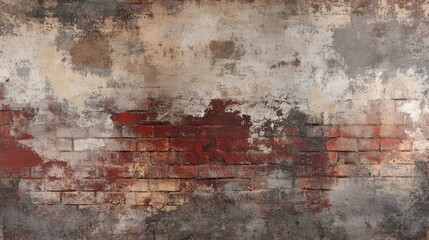 Fototapeta premium Rustic Aged Brick Wall Texture with Weathered Red, Brown, and White Paint Layers and Grunge Effect