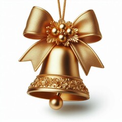 A Christmas golden bell adorned with a bow, isolated on a plain white background, serves as a festive tree decoration. AI generated.