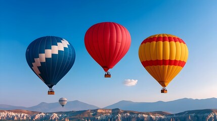 Obraz premium Breathtaking aerial view of colorful hot air balloons floating peacefully over the stunning Cappadocia rock formations in Turkey