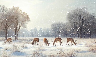 Deer graze in snowy forest during snowfall.