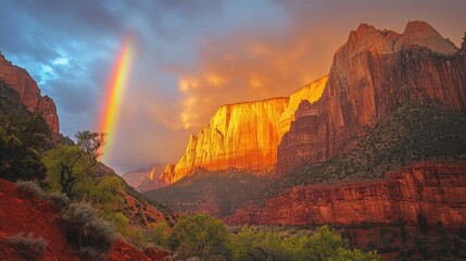 Fototapeta premium Dramatic rainbow cutting through the stormy sky above towering mountain cliffs