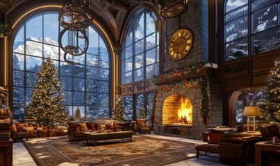 Obraz premium Cozy Christmas living room with mountain view.