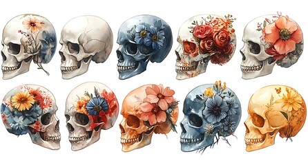 Diverse Collection of Skulls Adorned with Vibrant Flowers