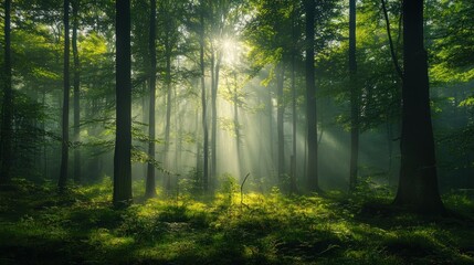 Obraz premium Enchanting spring forest with tall trees and fresh greenery, with mist rising and sunlight creating a magical atmosphere