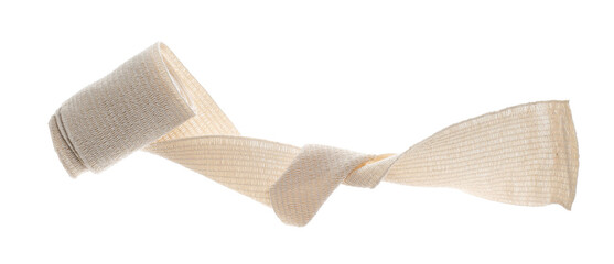 Elastic medical bandage roll flying, first aid isolated on white, clipping