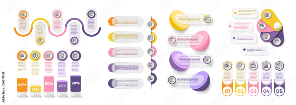 Aufkleber Infograph elements. Graphic chart. Presentation banner template. 4 number steps. Business timeline. Modern graph and technology diagram. Flowchart scheme. Vector analysis infographics set