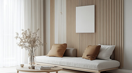 White minimalist living room interior with sofa on a wooden floor