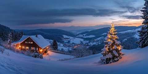 Fototapeta premium a christmas tree with candles stands in the snow next to a lonely romantically lit hut in mountains