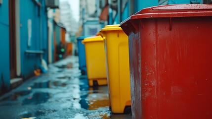 Naklejka premium Close-up of colorful garbage cans in an alleyway, Colorful trash bins in alley with blurred background