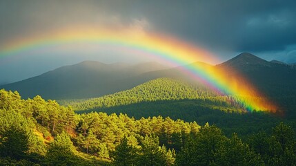 Obraz premium Full rainbow arching across a remote mountain scene with a dense forest at the base
