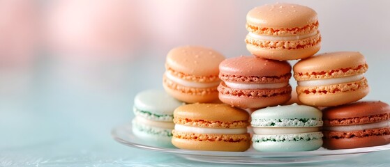 Obraz premium Stacked colorful French macarons artfully arranged on a luxurious glass plate bathed in soft pastel hued lighting creating an elegant and indulgent culinary display