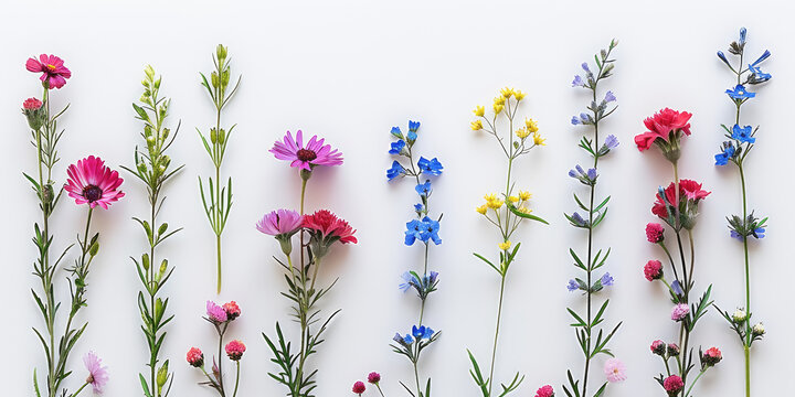 A diverse array of colorful wildflowers displayed on a light background showcasing nature's simple beauty.