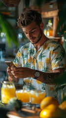 A man in a Hawaiian shirt is looking at his phone while standing in front of a t