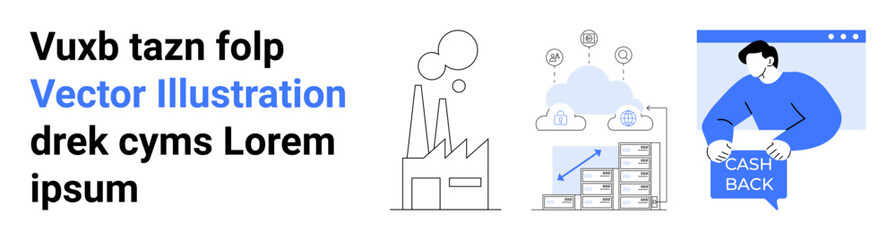 Factory emitting smoke, cloud with data points, bar chart and storage, person displaying cash back. Ideal for technology, cloud computing, industry, finance, marketing, data analysis, and e-commerce