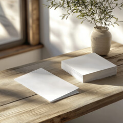 A modern letterhead and business card mockup placed on a wooden desk. High detail with soft shadows and neutral tones create a professional, elegant aesthetic perfect for branding presentations