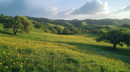 Fototapeta premium Green hills rolling under a bright spring sky, with trees just beginning to bloom and wildflowers scattered throughout