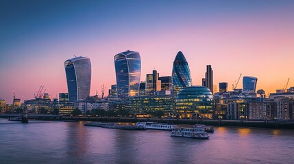 Fototapeta premium A panoramic view of London's skyline at dusk, with the city's iconic skyscrapers illuminated against a vibrant purple sky.