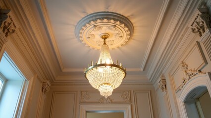 Opulent Entryway Ceiling with Grand Crystal Chandelier and Decorative Molding