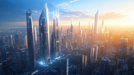 Naklejka premium Smart City Financial Hub: An aerial perspective of a futuristic