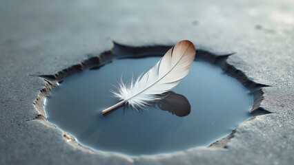 Elegant Feather Floating in Serene Puddle on Gray Concrete