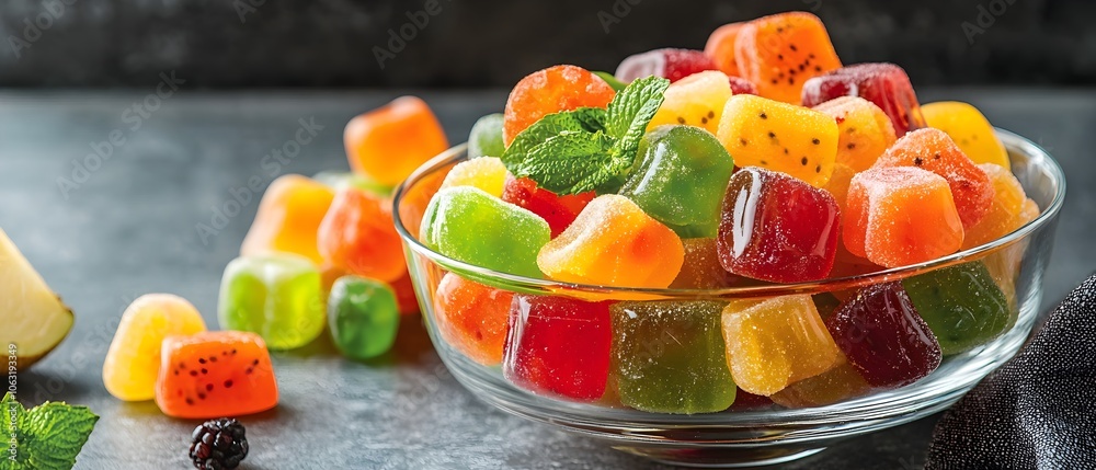Poster a delightful arrangement of rainbow colored fruit jellies presented in a clear glass bowl creating a