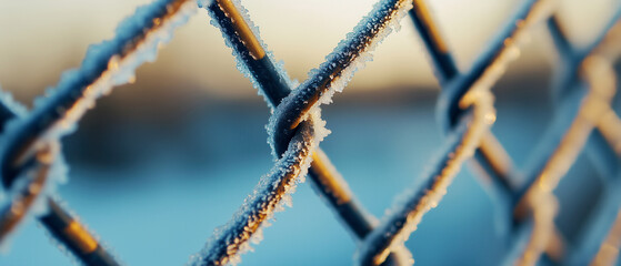 Frost-covered chain link fence glistening in winter light