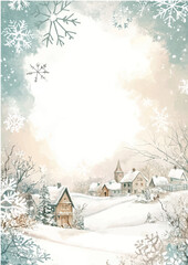 Vintage watercolor postcard with winter landscape 