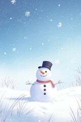 Festive Snowman in a Snowy Winter Landscape with Falling Snow and Clear Sky, Wearing a Santa Hat and Scarf