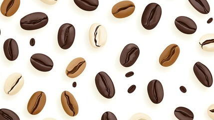 A seamless pattern of coffee beans in various shades of brown against a white background.