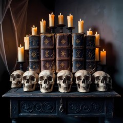 a room with a lot of candles and skulls on the table and books on the shelves and a window, Dirk Crabeth, gothic art, arcane, a still life