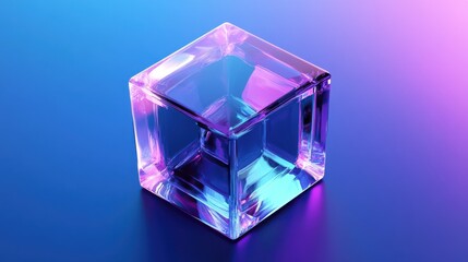 3d holographic abstract cube, crystal blocks with holographic purple color texture. 3d vector illuctration isolated on blue background.
