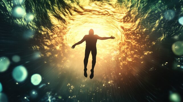 A silhouetted figure floats in a glowing underwater scene, surrounded by shimmering bubbles, evoking a sense of tranquility and exploration.