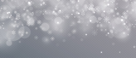 Winter background, Christmas snowflakes on a transparent background. Snow flakes, snow background. Heavy snowfall, snowflakes in different shapes and forms. 