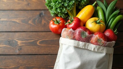 Assorted Fresh Fruits and Vegetables in a Cotton Bag on Wood